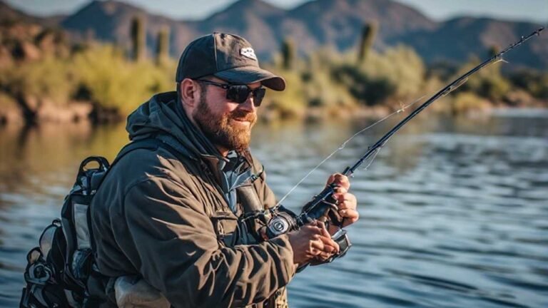Arizona fishing license guide featuring an angler fishing in an Arizona lake